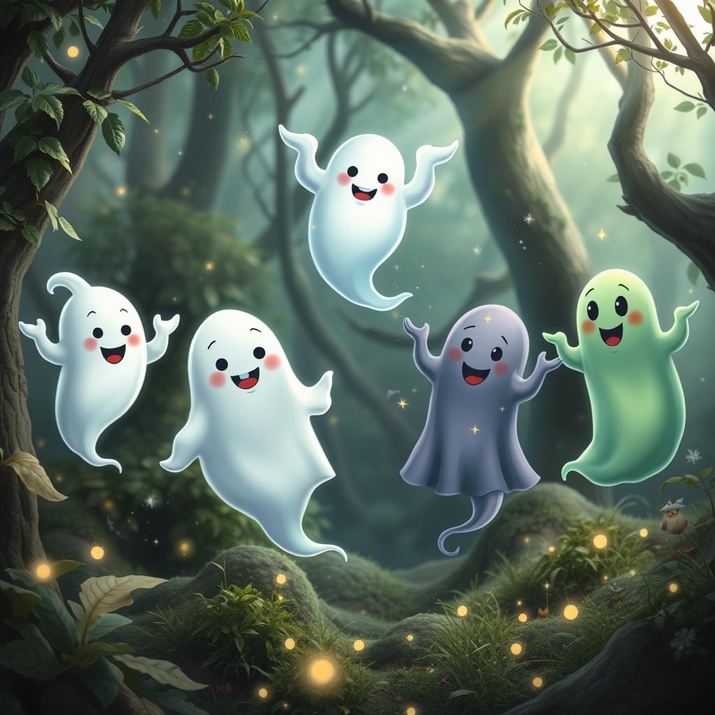 Five playful, friendly ghosts floating together in a whimsical, enchanted forest