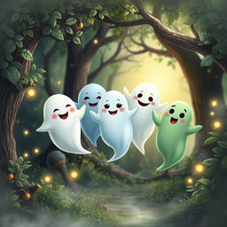Five playful, friendly ghosts floating together in a whimsical, enchanted forest