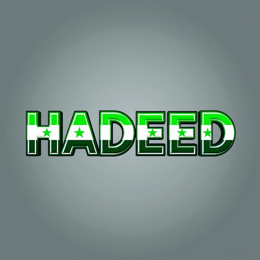 The word "HADEED" styled in bold, artistic typography, filled with the vibrant green colors of the Syrian flag