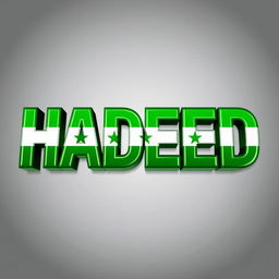 The word "HADEED" styled in bold, artistic typography, filled with the vibrant green colors of the Syrian flag
