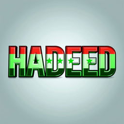 The word "HADEED" styled in bold, artistic typography, filled with the vibrant green colors of the Syrian flag
