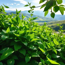 A lush, vibrant green landscape showcasing a variety of Bregrund plants, with their distinctive leaves and rich texture