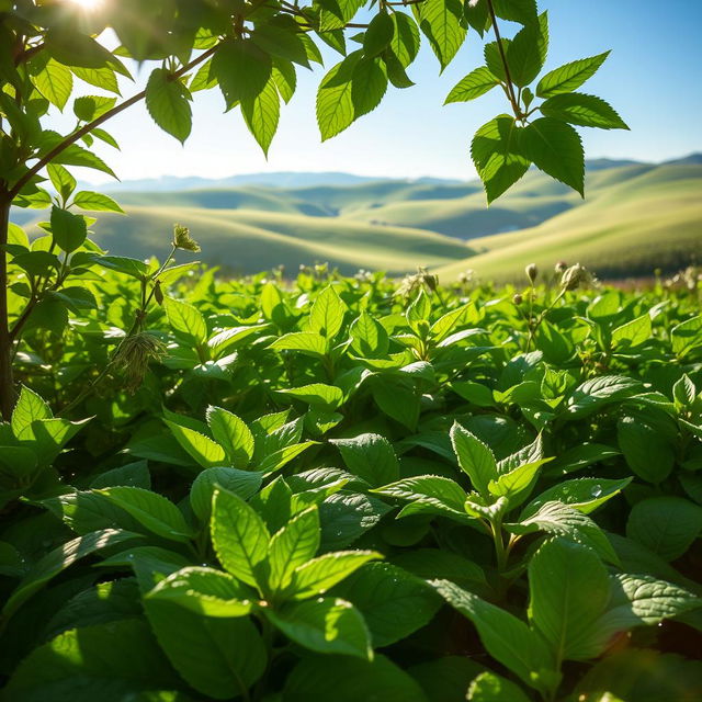 A lush, vibrant green landscape showcasing a variety of Bregrund plants, with their distinctive leaves and rich texture