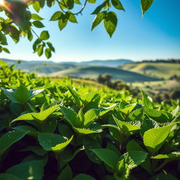 A lush, vibrant green landscape showcasing a variety of Bregrund plants, with their distinctive leaves and rich texture