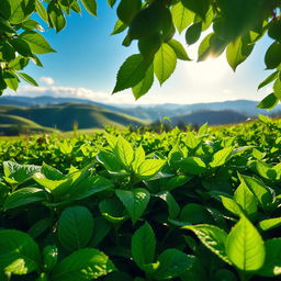 A lush, vibrant green landscape showcasing a variety of Bregrund plants, with their distinctive leaves and rich texture