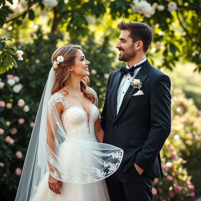 A joyful bride and groom standing together in a beautiful outdoor setting