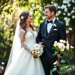 A joyful bride and groom standing together in a beautiful outdoor setting