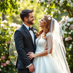 A joyful bride and groom standing together in a beautiful outdoor setting
