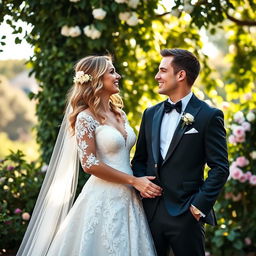 A joyful bride and groom standing together in a beautiful outdoor setting