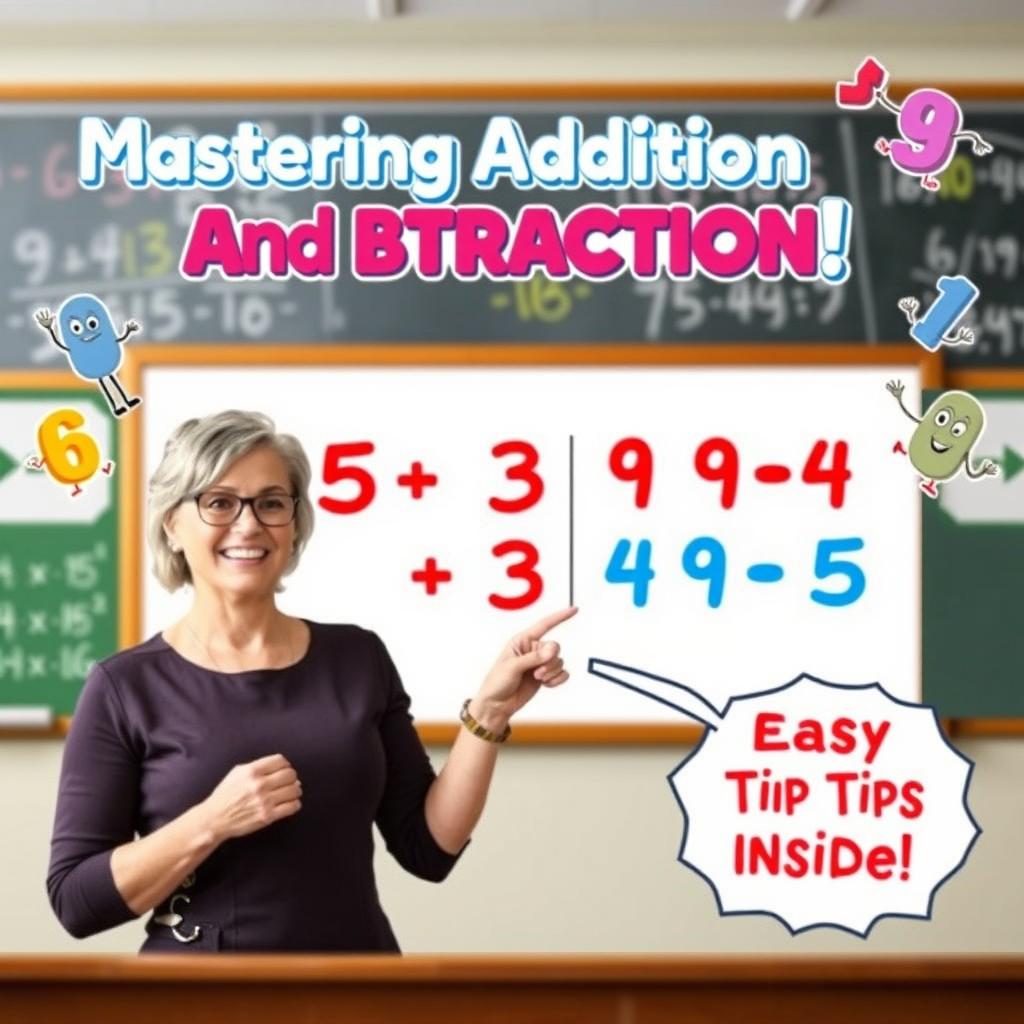 A vibrant and engaging YouTube thumbnail designed for a video titled 'Mastering Addition and Subtraction in Math'