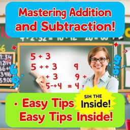 A vibrant and engaging YouTube thumbnail designed for a video titled 'Mastering Addition and Subtraction in Math'