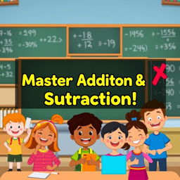 A colorful and engaging YouTube thumbnail for a math tutorial focused on mastering addition and subtraction