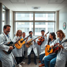 A lively scene inside an emergency doctors' rest room where a group of emergency doctors is enthusiastically playing various musical instruments