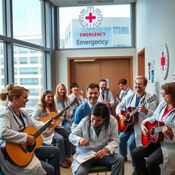 A lively scene inside an emergency doctors' rest room where a group of emergency doctors is enthusiastically playing various musical instruments