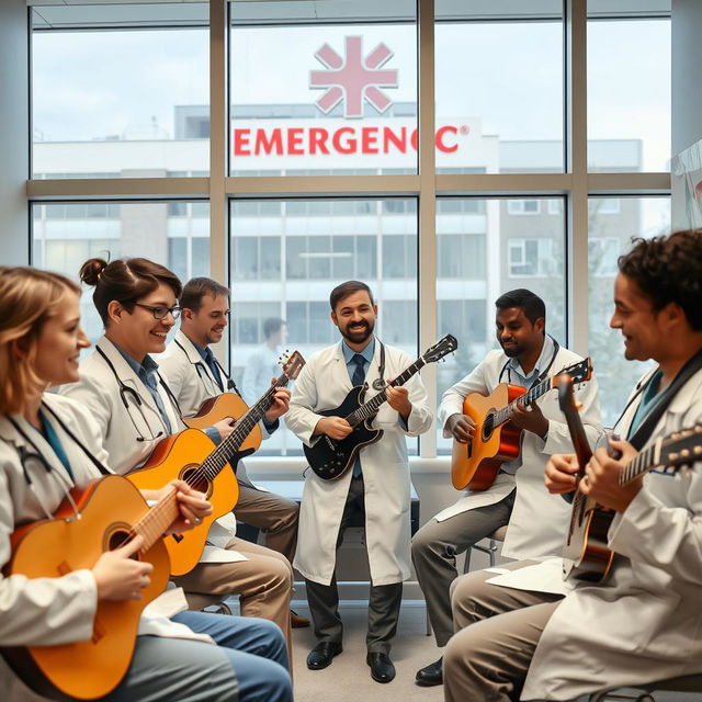 A lively scene inside an emergency doctors' rest room where a group of emergency doctors is enthusiastically playing various musical instruments