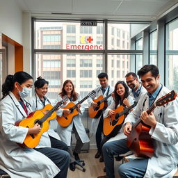 A lively scene inside an emergency doctors' rest room where a group of emergency doctors is enthusiastically playing various musical instruments