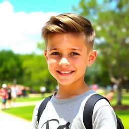 A young teenage boy with a stylish short burst clean cut fade haircut, showcasing the fade from the sides blending smoothly into the top