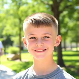 A young teenage boy with a stylish short burst clean cut fade haircut, showcasing the fade from the sides blending smoothly into the top