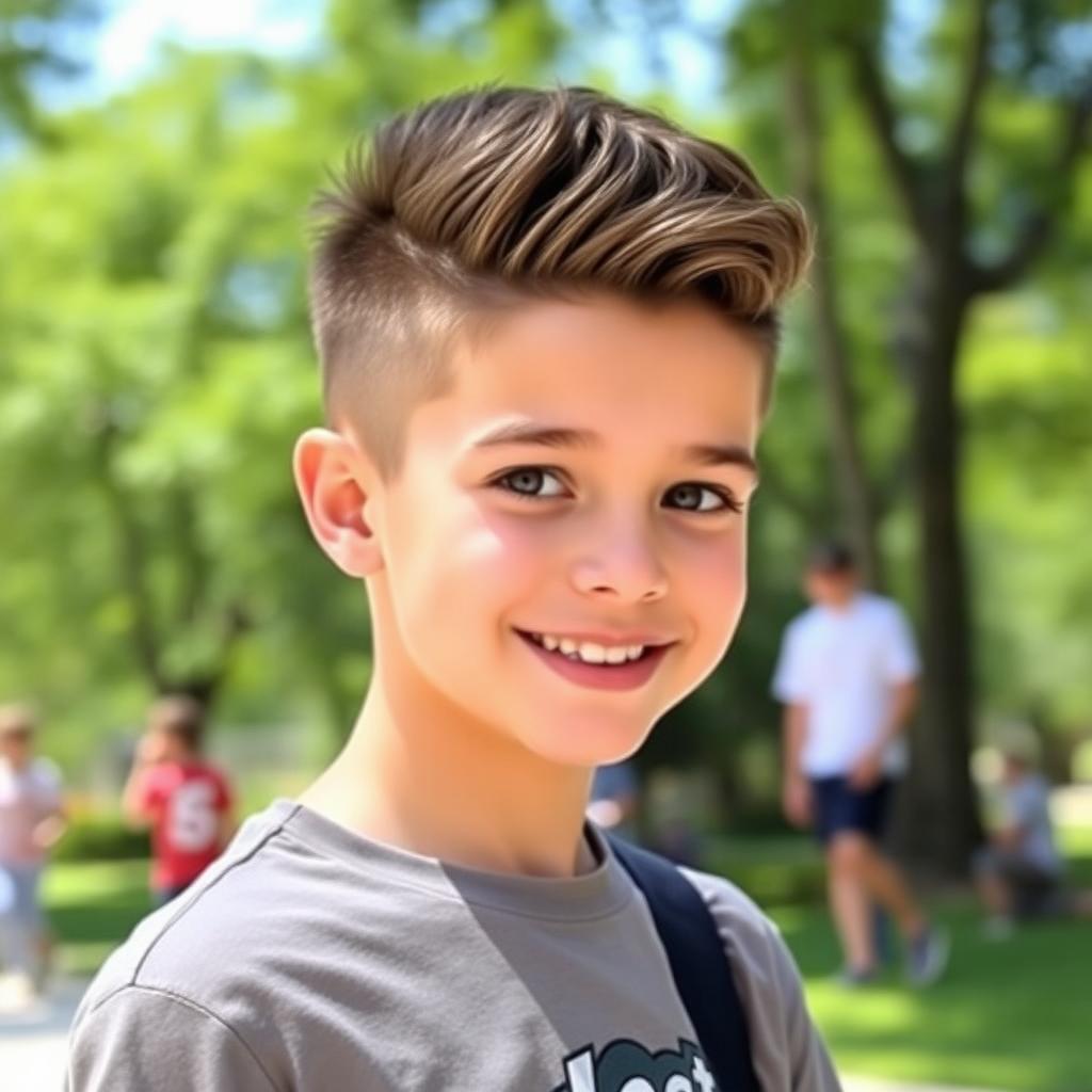 A young teenage boy with a stylish short burst clean cut fade haircut, showcasing the fade from the sides blending smoothly into the top