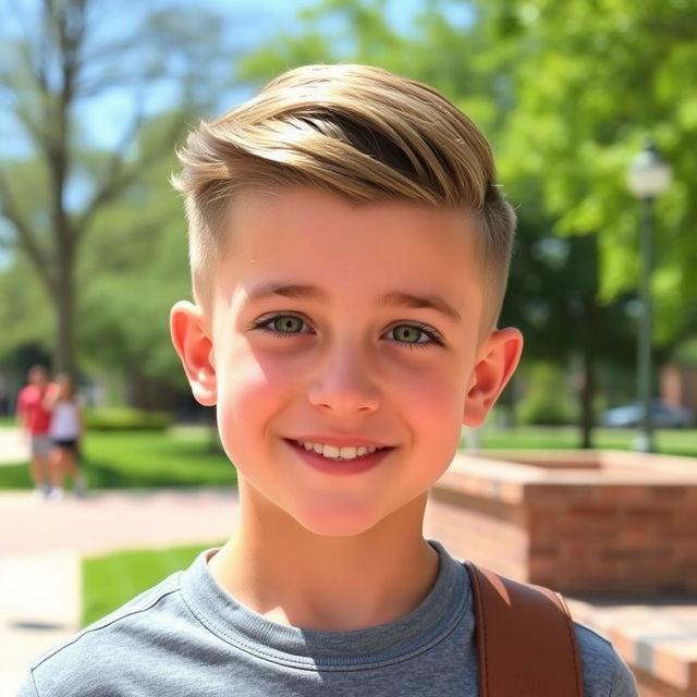 A young teenage boy with a stylish short burst clean cut fade haircut, showcasing the fade from the sides blending smoothly into the top