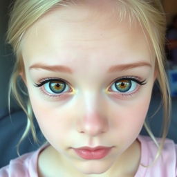 A 24-year-old girl with elongated, almond-shaped eyes, featuring blonde eyebrows and eyelashes