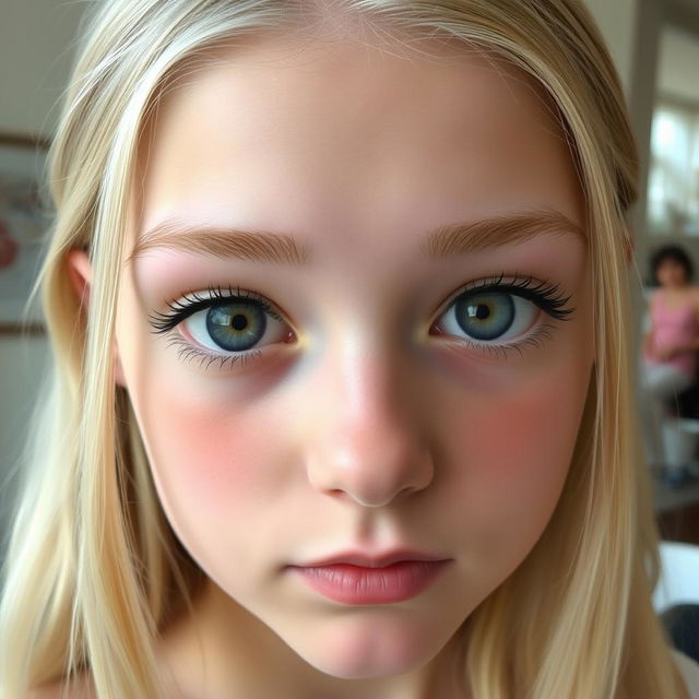 A 24-year-old girl with elongated, almond-shaped eyes, featuring blonde eyebrows and eyelashes