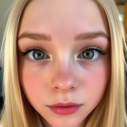 A 24-year-old girl with elongated, almond-shaped eyes, featuring blonde eyebrows and eyelashes