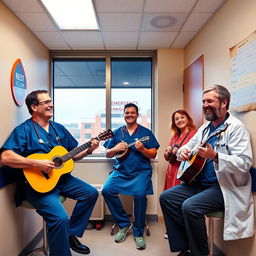 A lively scene inside a hospital rest room featuring a group of three emergency doctors joyfully playing musical instruments