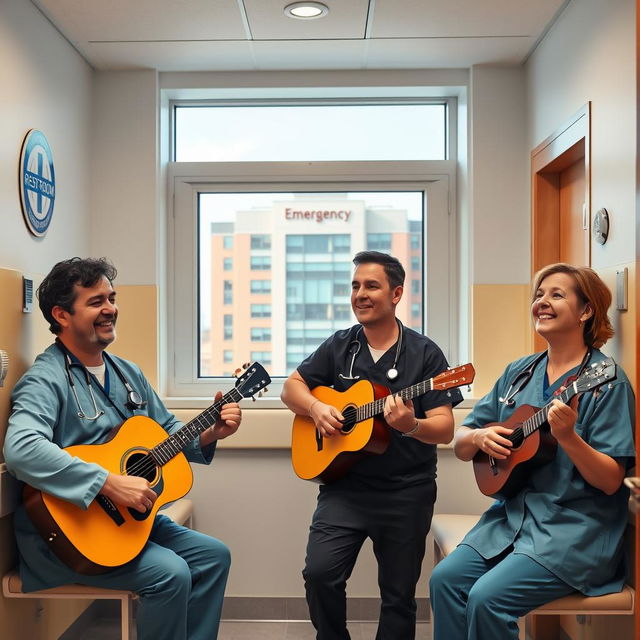 A lively scene inside a hospital rest room featuring a group of three emergency doctors joyfully playing musical instruments