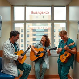 A lively scene inside a hospital rest room featuring a group of three emergency doctors joyfully playing musical instruments