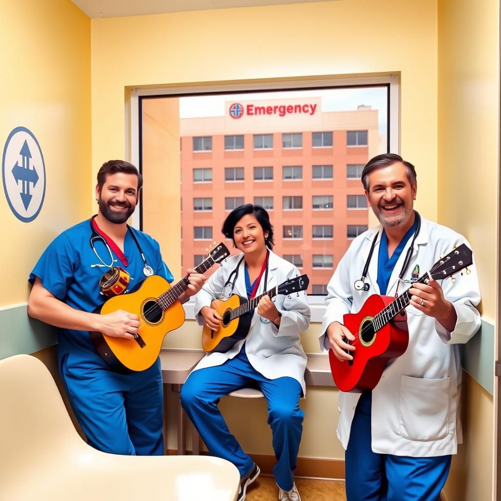 A lively scene inside a hospital rest room featuring a group of three emergency doctors joyfully playing musical instruments