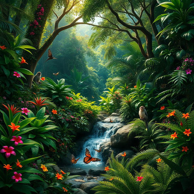 A vibrant and lush jungle landscape filled with diverse plant life and colorful flowers, dense green foliage, towering trees, and exotic wildlife such as tropical birds and monkeys