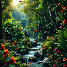 A vibrant and lush jungle landscape filled with diverse plant life and colorful flowers, dense green foliage, towering trees, and exotic wildlife such as tropical birds and monkeys