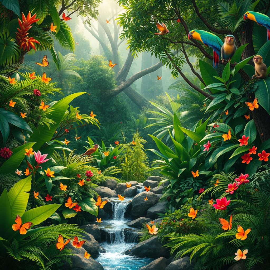 A vibrant and lush jungle landscape filled with diverse plant life and colorful flowers, dense green foliage, towering trees, and exotic wildlife such as tropical birds and monkeys