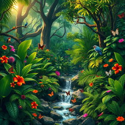 A vibrant and lush jungle landscape filled with diverse plant life and colorful flowers, dense green foliage, towering trees, and exotic wildlife such as tropical birds and monkeys