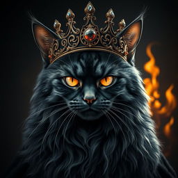 A majestic cat resembling Sauron, wearing a detailed, ornate crown