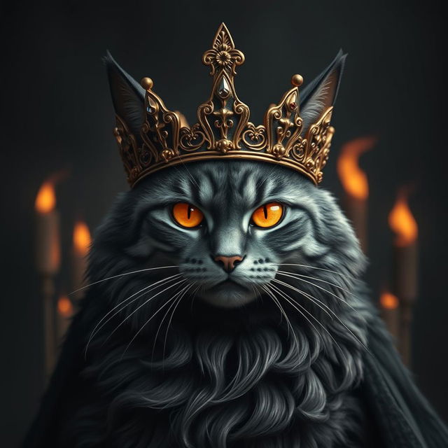 A majestic cat resembling Sauron, wearing a detailed, ornate crown