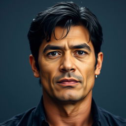 A 35-year-old man with a strong masculine face, featuring dark black hair and a wheat-colored skin tone