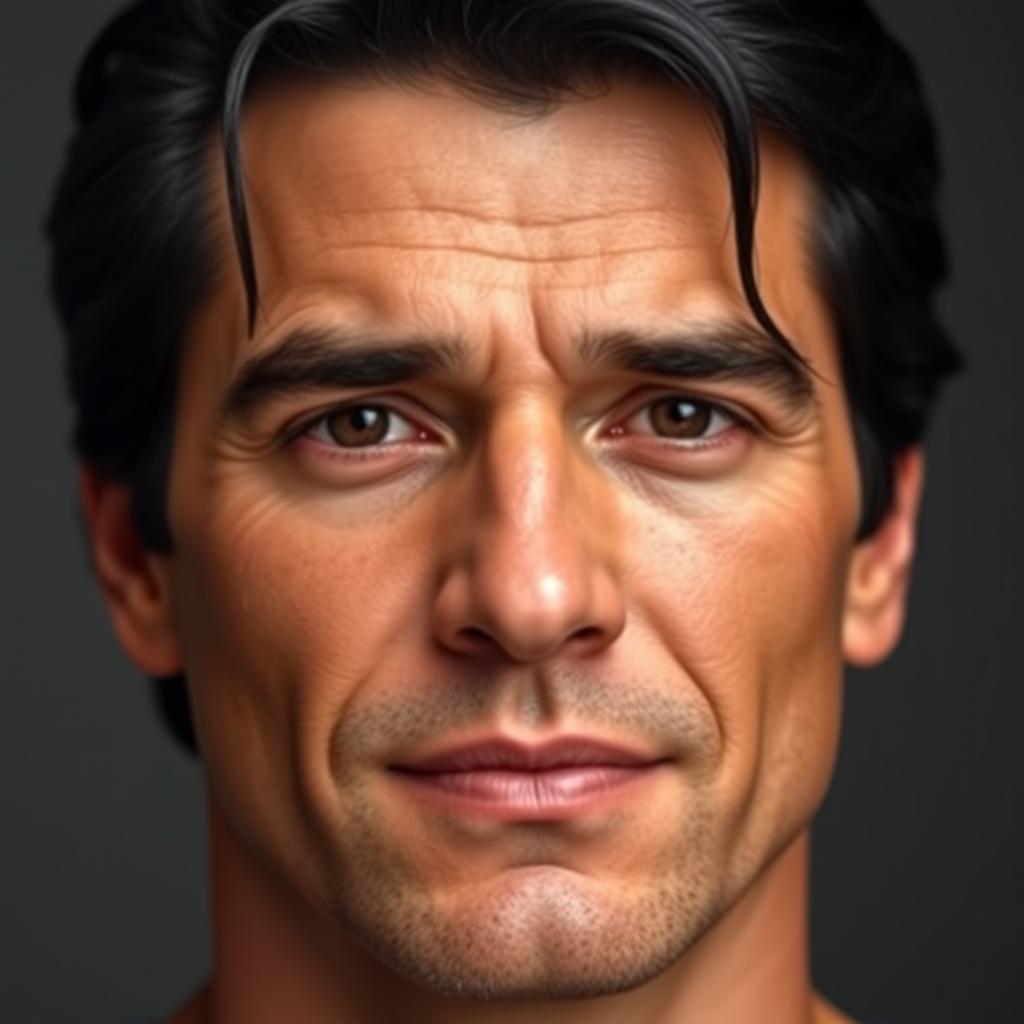 A 35-year-old man with a strong masculine face, featuring dark black hair and a wheat-colored skin tone