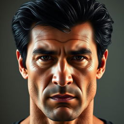 A 35-year-old man with a strong masculine face, featuring dark black hair and a wheat-colored skin tone