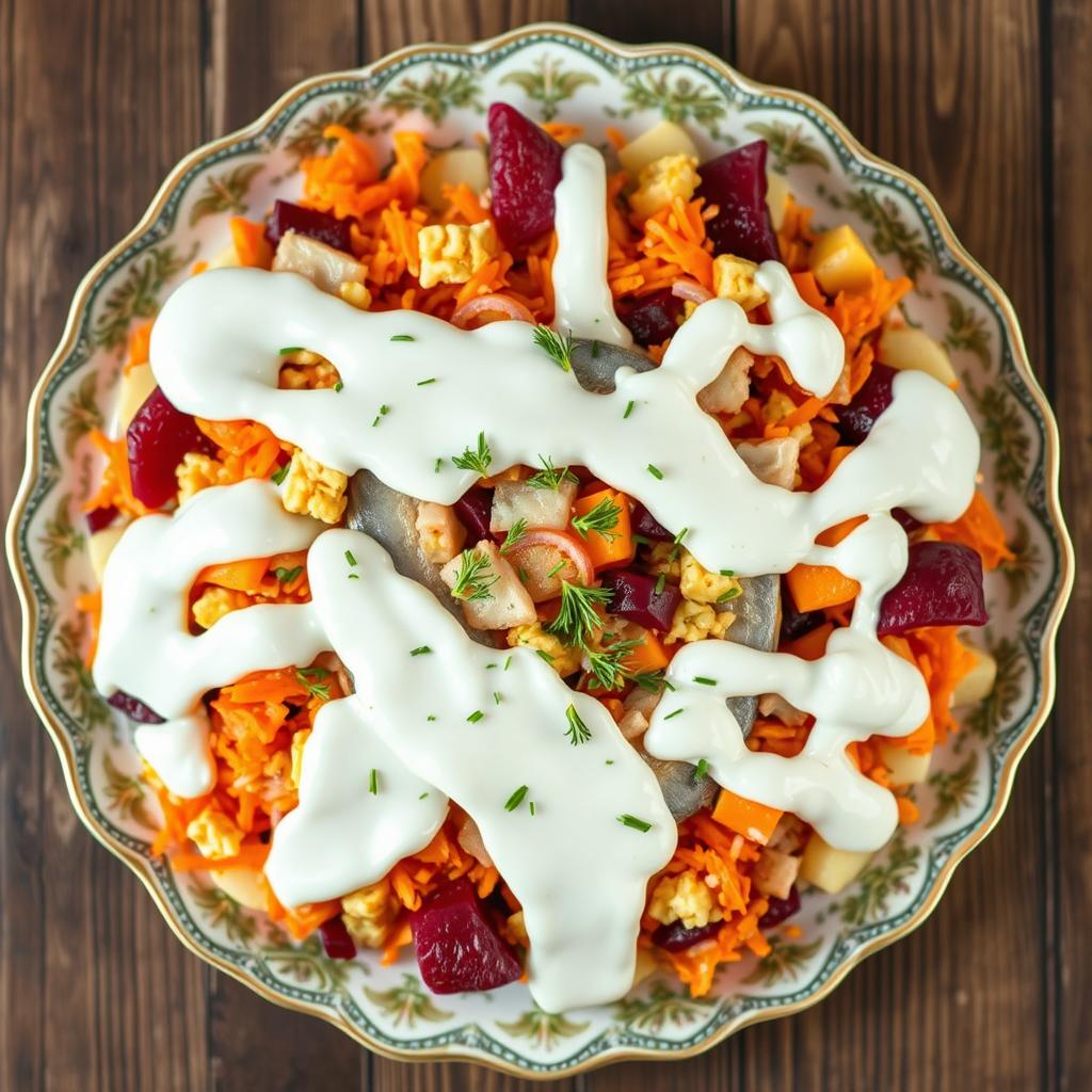 A top view of a beautifully arranged herring under a fur coat Russian salad, featuring layers of finely chopped herring, colorful grated vegetables like carrots, beets, and potatoes, all topped with a creamy mayonnaise dressing