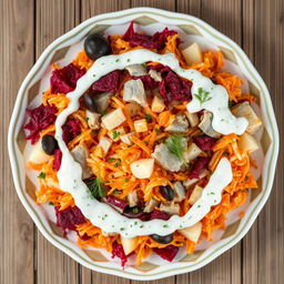 A top view of a beautifully arranged herring under a fur coat Russian salad, featuring layers of finely chopped herring, colorful grated vegetables like carrots, beets, and potatoes, all topped with a creamy mayonnaise dressing