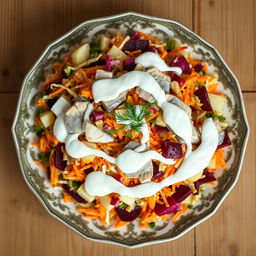A top view of a beautifully arranged herring under a fur coat Russian salad, featuring layers of finely chopped herring, colorful grated vegetables like carrots, beets, and potatoes, all topped with a creamy mayonnaise dressing
