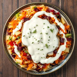 A top view of a beautifully arranged herring under a fur coat Russian salad, featuring layers of finely chopped herring, colorful grated vegetables like carrots, beets, and potatoes, all topped with a creamy mayonnaise dressing