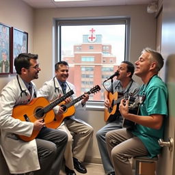 A group of three emergency doctors inside their staff rest room, two of them playing guitars and one singing passionately