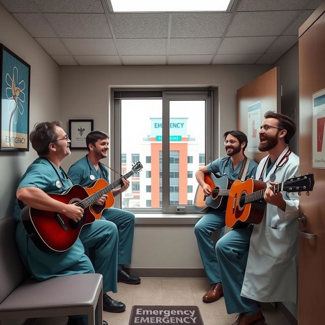 A group of three emergency doctors inside their staff rest room, two of them playing guitars and one singing passionately