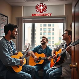 A group of three emergency doctors inside their staff rest room, two of them playing guitars and one singing passionately