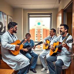 A group of three emergency doctors inside their staff rest room, two of them playing guitars and one singing passionately