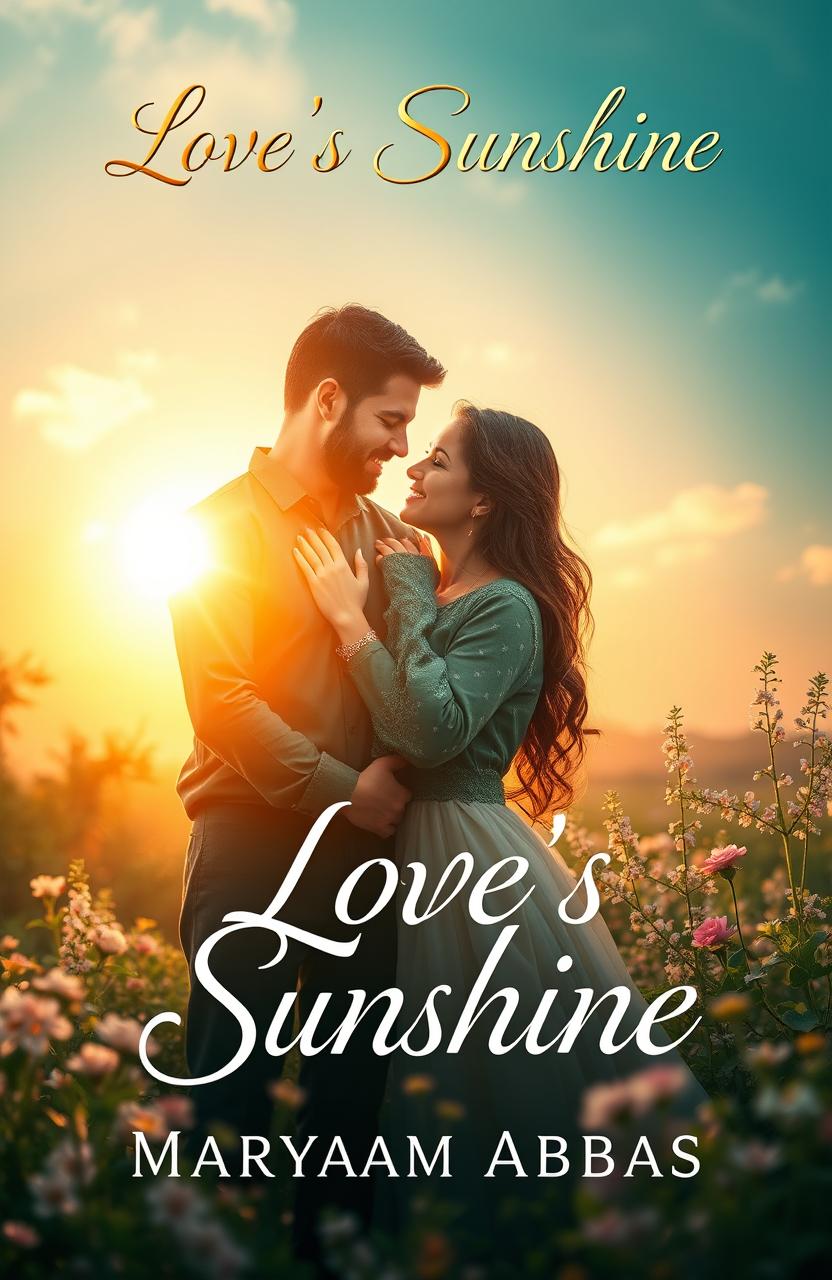 A romantic book cover featuring a couple embracing under the warm glow of sunlight, surrounded by a dreamy, ethereal landscape