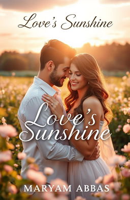 A romantic book cover featuring a couple embracing under the warm glow of sunlight, surrounded by a dreamy, ethereal landscape